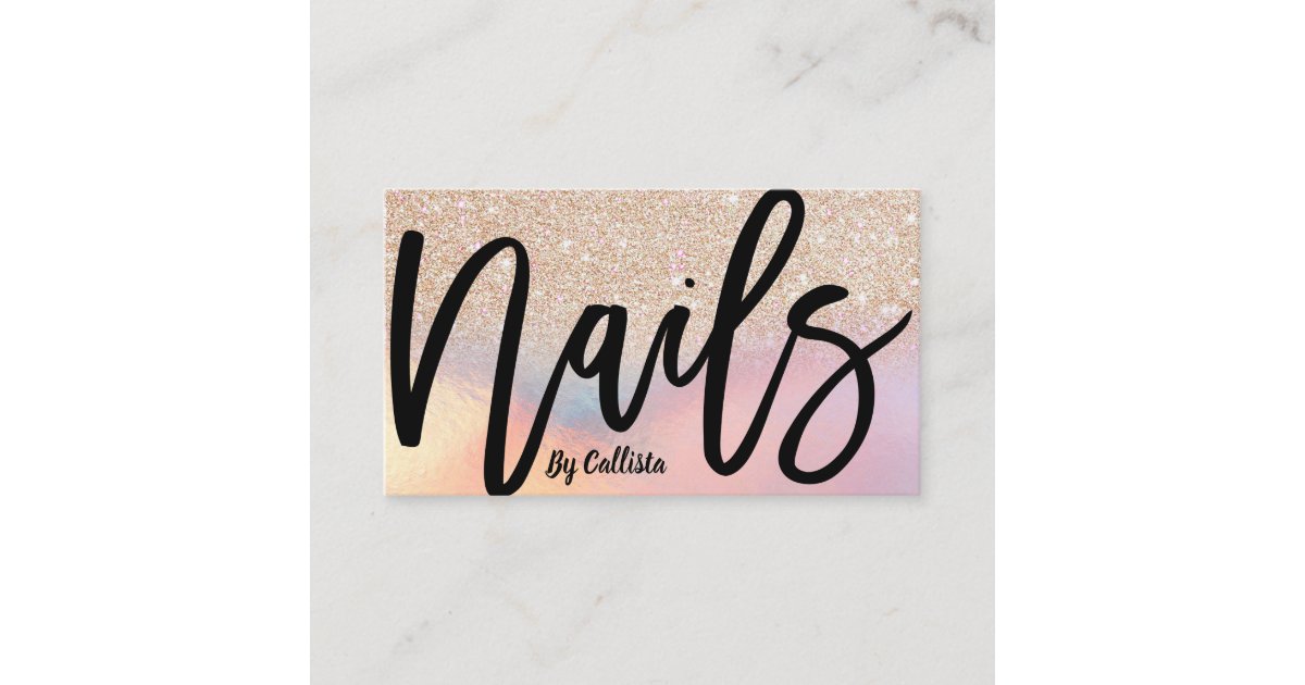 Gold Glitter Iridescent Holographic Nail Tech Business Card | Zazzle