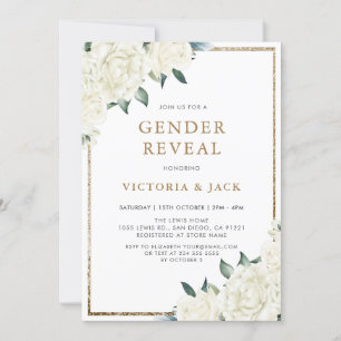 Gold Glitter Ivory Floral Greenery Gender Reveal Invitation