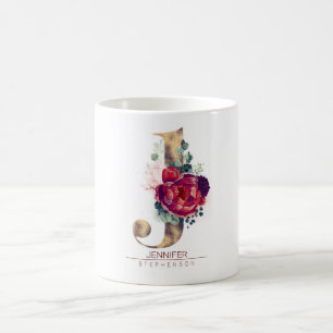 Gold Glitter J Monogram Floral Burgundy Red Coffee Mug