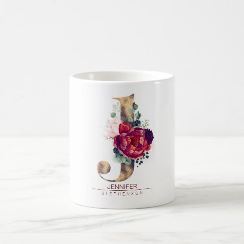 Gold Glitter J Monogram Floral Burgundy Red Coffee Mug