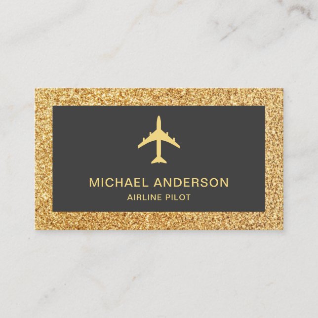 Gold Glitter Jet Aircraft Airplane Airline Pilot Business Card (Front)