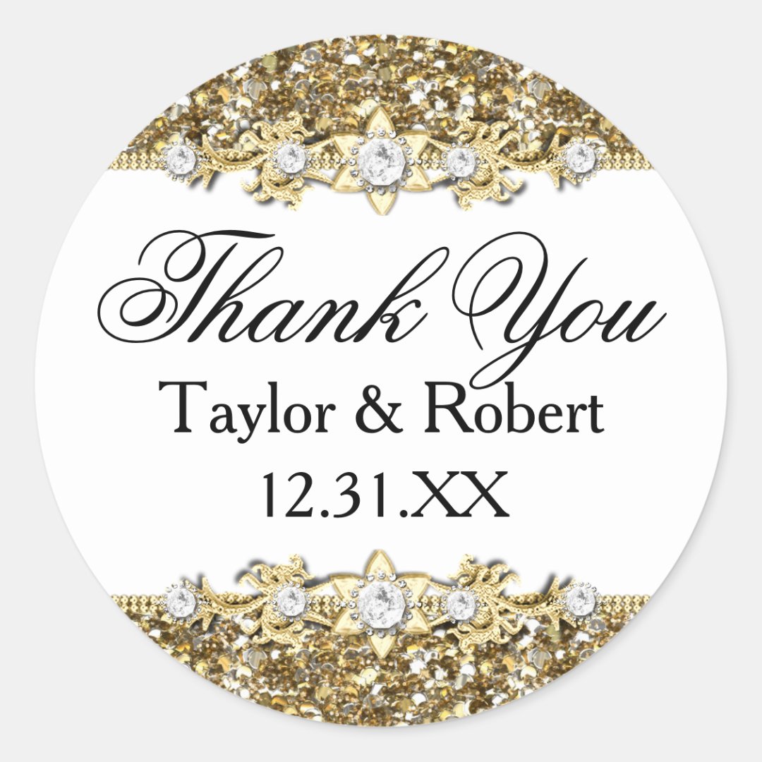 Gold Glitter & Jewel Thank You Sticker Zazzle