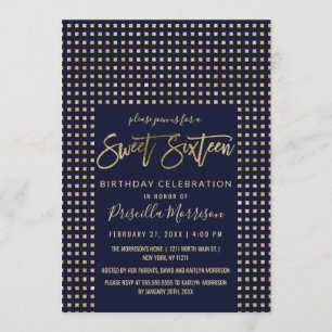 Gold Glitter Jewels Navy Blue Sweet 16 Invitation