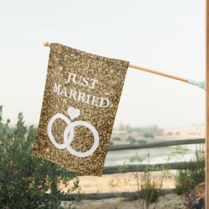 Gold Glitter Just Married Home Decor Newlyweds House Flag