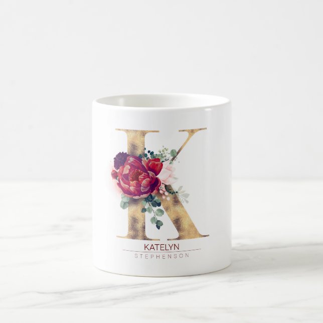 Gold Glitter K Monogram Floral Burgundy Red Coffee Mug (Center)