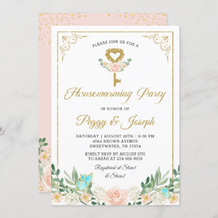Gold Glitter Key Rose Garden Housewarming Invite