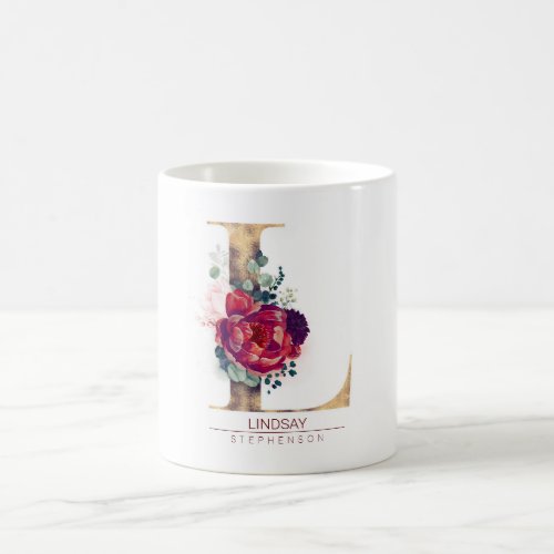 Gold Glitter L Monogram Floral Burgundy Red Coffee Mug