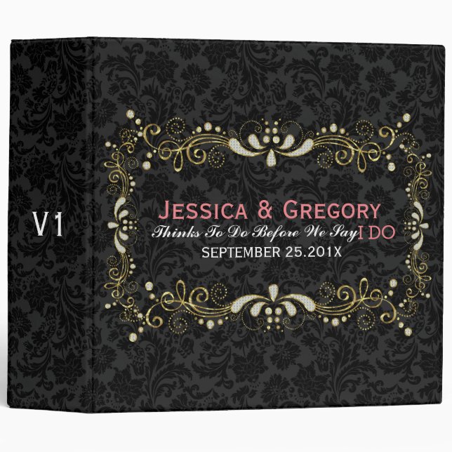 Gold & Glitter lace Frame Over Black Damasks 3 Ring Binder (Front/Spine)