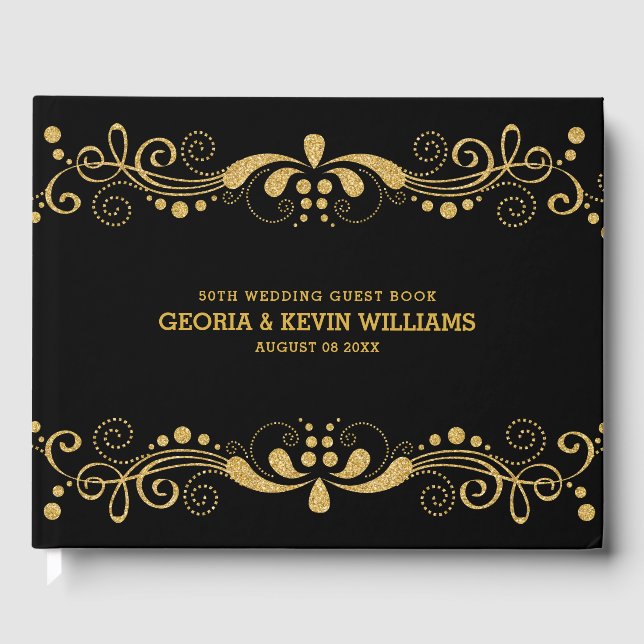 Gold Glitter Lace Frame Wedding Guestbook (Front)