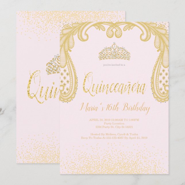 Gold Glitter & Lace, Quinceañera Invitations (Front/Back)