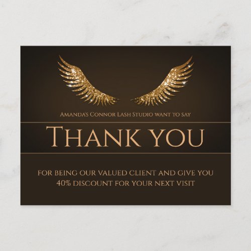 Gold Glitter Lash Wings Thank You Discount Brown Postcard