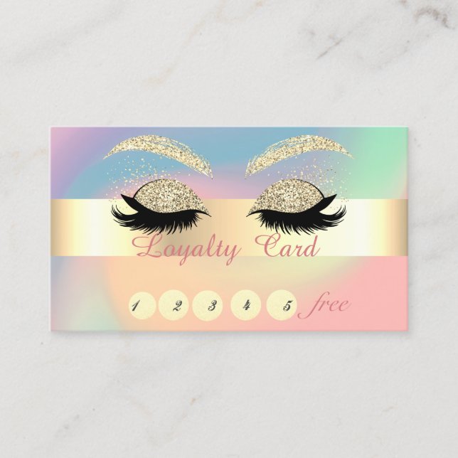 Gold Glitter Lashes Colorful Pastel Holographic   Loyalty Card (Front)