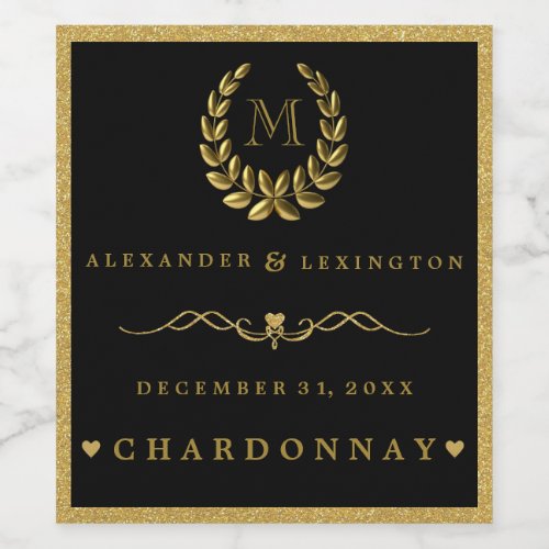 Gold Glitter Laurel Wreath Monogram Wedding Wine Label