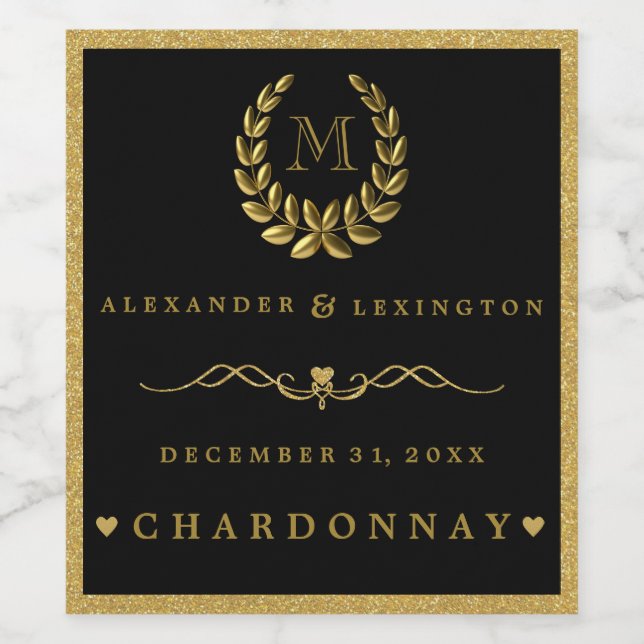 Gold Glitter Laurel Wreath Monogram Wedding Wine Label (Single Label)