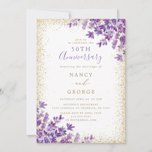 Gold Glitter Lavender 50th Wedding Anniversary Invitation (Front)