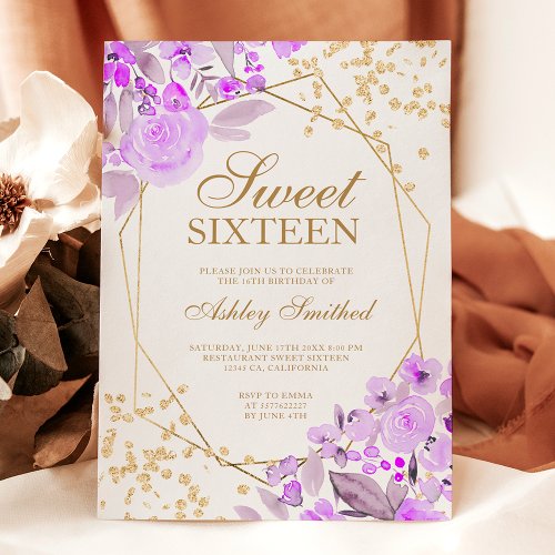Gold glitter lavender floral watercolor Sweet 16 Invitation