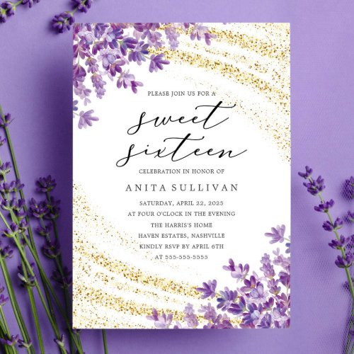 Gold Glitter Lavender Sweet Sixteen 16 Birthday Invitation
