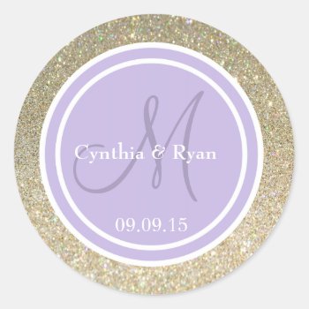 Gold Glitter & Lavender Wedding Monogram Classic Round Sticker by Mintleafstudio at Zazzle