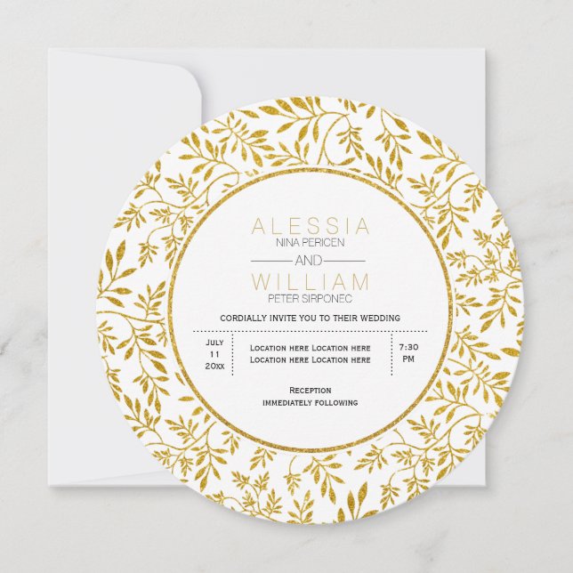 Gold glitter leaves pattern modern wedding invitation (Front)