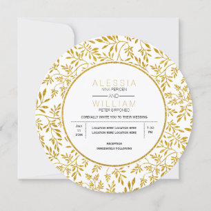 Gold glitter leaves pattern modern wedding invitation