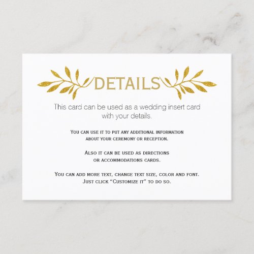 Gold glitter leaves pattern wedding insert card