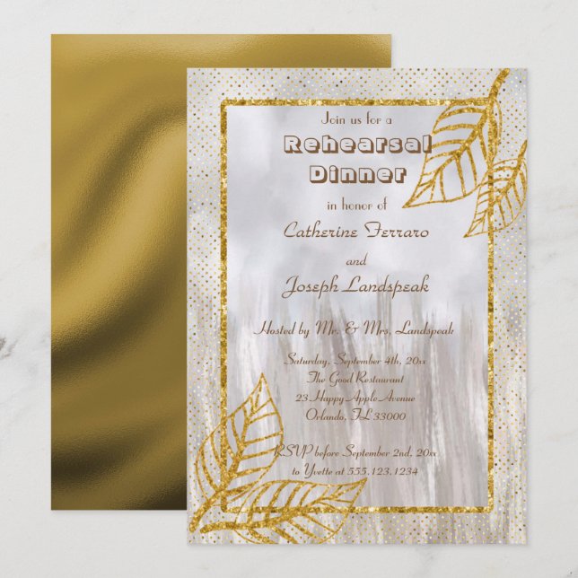 Gold & Glitter Leaves Rehearsal Dinner Invitation (Front/Back)