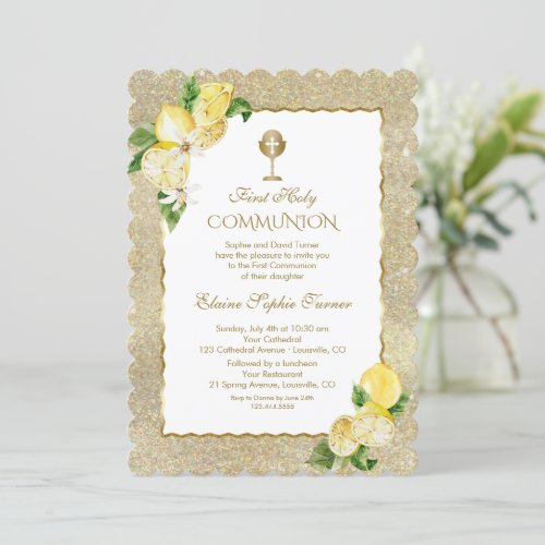 Gold Glitter Lemon Fruit Flower First Communion   Invitation