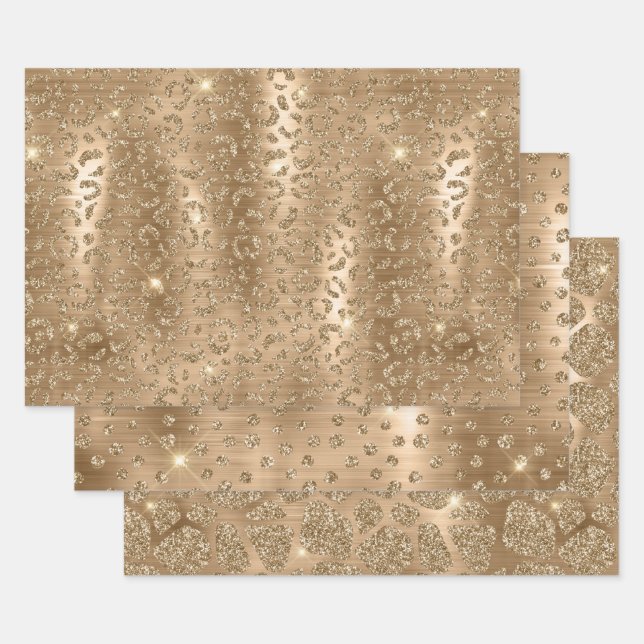 Gold Glitter Leopard, Giraffe & Leopard Spots  Wrapping Paper Sheets (Set)