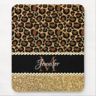 Gold Glitter Leopard Girly Glam Monogram Mouse Pad
