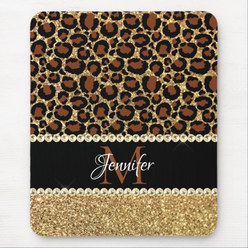 Gold Glitter Leopard Girly Glam Monogram Mouse Pad
