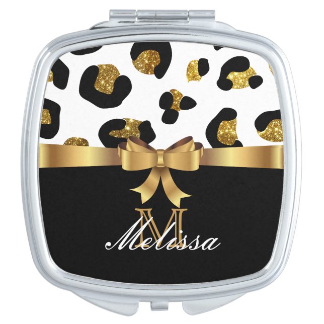 GOLD GLITTER  Leopard Print GOLDEN BOW MONOGRAM Compact Mirror (Front)