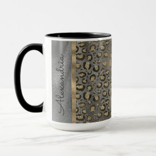 Gold Glitter Leopard Print on Grey Personalized Mug