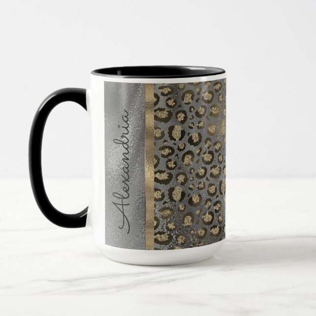Gold Glitter Leopard Print on Grey Personalized Mug (Left)