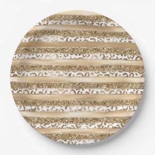 Gold Glitter Leopard Print Stripes Paper Plates