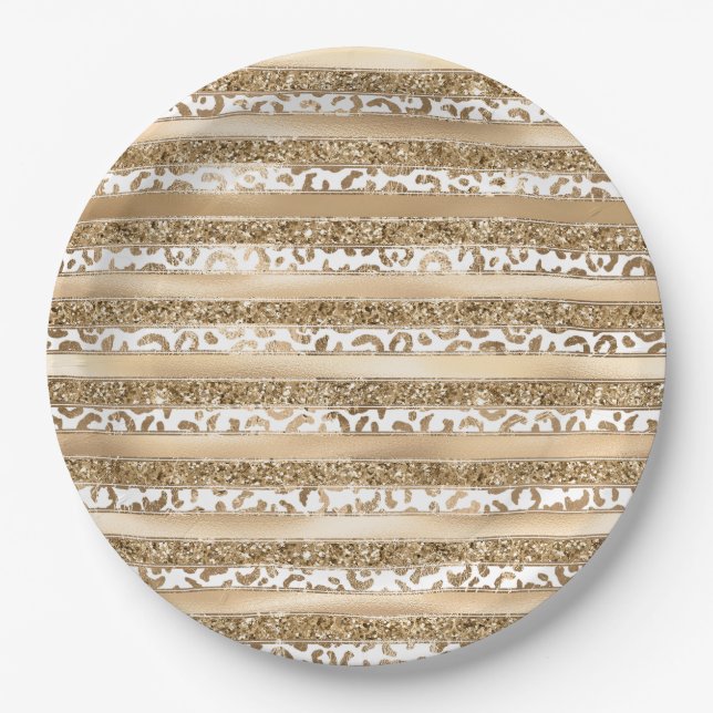Gold Glitter Leopard Print Stripes Paper Plates (Front)
