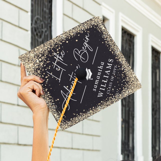 Gold Glitter Let the Adventure Begin Graduate  Graduation Cap Topper (Creator Uploaded)