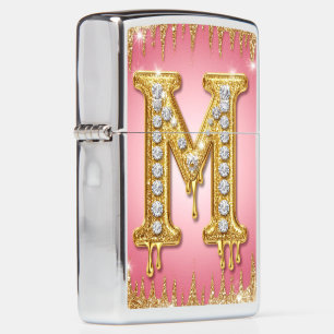 ✨Gold Glitter Letter M Diamond Luxury Monogram 🔥 Zippo Lighter
