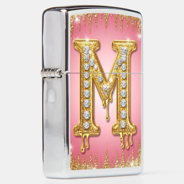 ✨Gold Glitter Letter M Diamond Luxury Monogram 🔥 Zippo Lighter (Right)