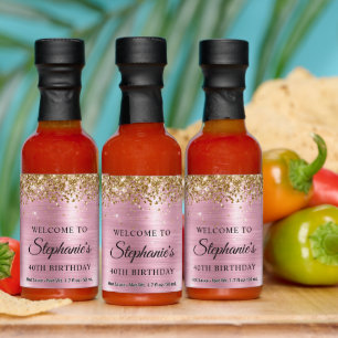 Gold Glitter Light Pink Foil 40th Birthday Welcome Hot Sauces