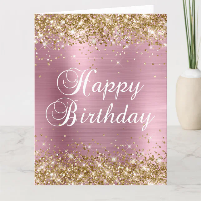 Gold Glitter Light Pink Foil Big Happy Birthday Card | Zazzle