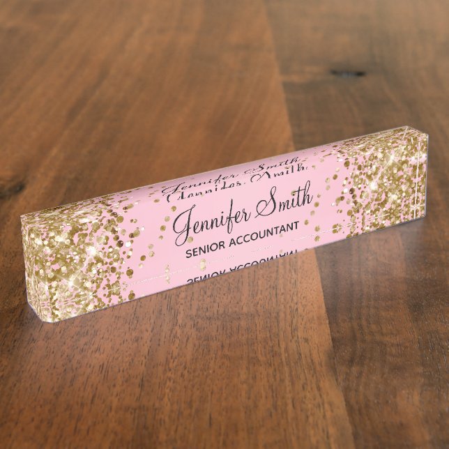Gold Glitter Light Pink Gradient Desk Name Plate (Side)