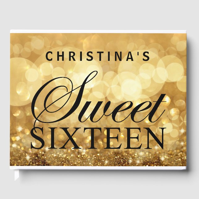 Gold Glitter Lights Sweet 16 Custom Guest Book (Front)
