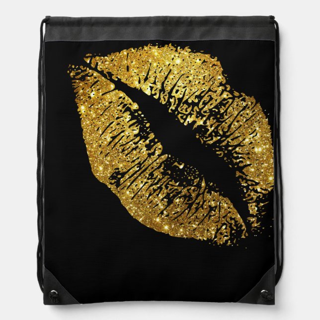 Gold Glitter Lips #2 Drawstring Bag (Front)