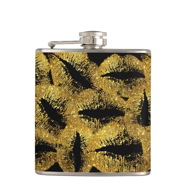 Gold Glitter Lips #2 Hip Flask (Front)
