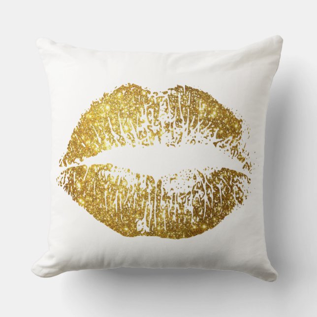 Gold Glitter Lips #2 Throw Pillow (Front)