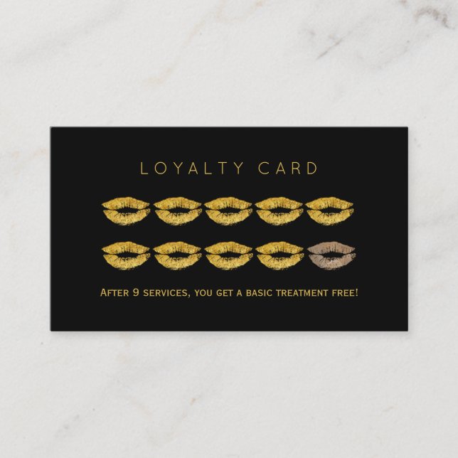 Gold glitter lips black glam makeup artist loyalty card (Front)