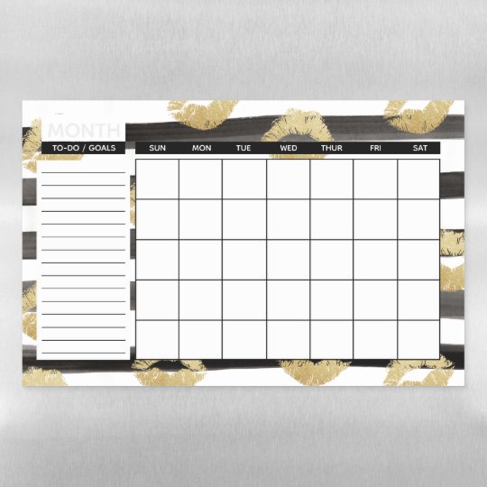 Gold Glitter Lips Black Stripes Monthly Calendar Dry Erase