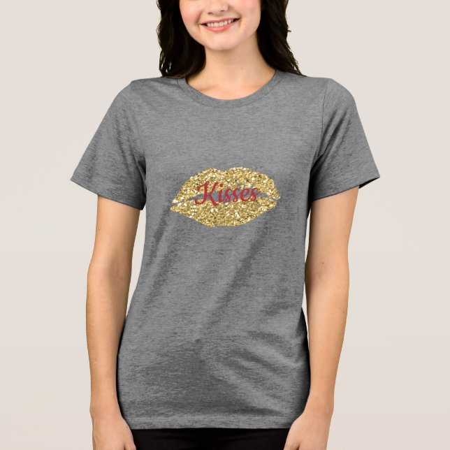 Gold Glitter Lips Flirty Kiss Tri-Blend Shirt (Front)