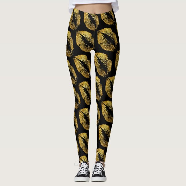 Gold Glitter Lips Modern Black Leggings (Front)