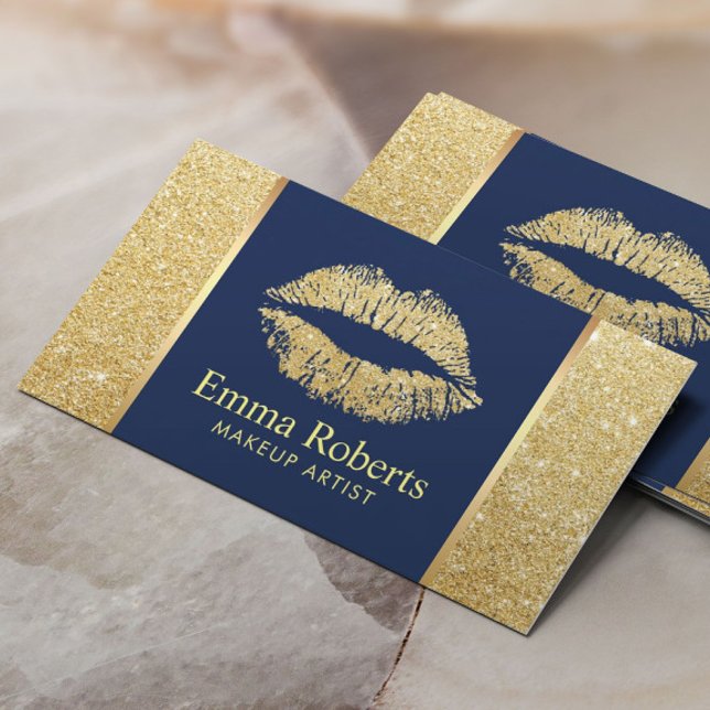 Gold Glitter Lips Navy Blue Makeup Artist Salon Business Card (Creator Uploaded)